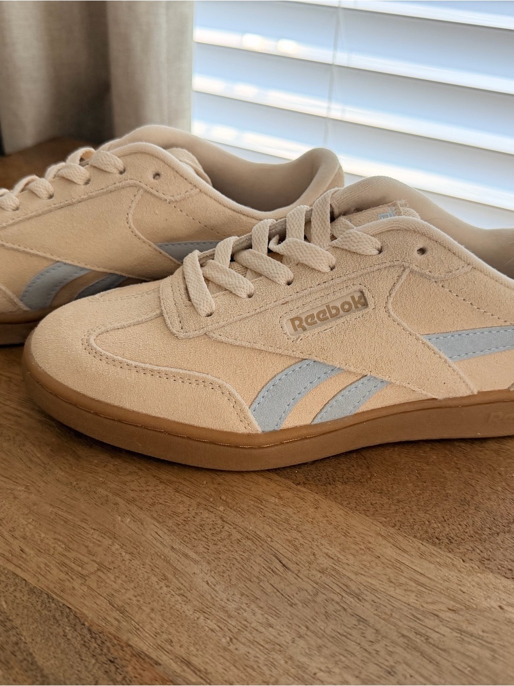 Reebok Beige Suede Sneakers with Light Blue Stripes